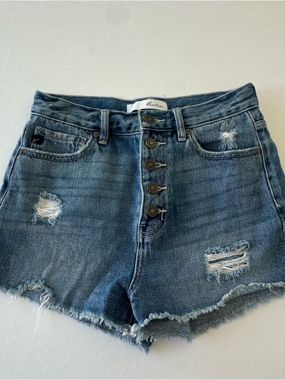 KanCan Distressed Button-Fly Denim Shorts in Medium Blue